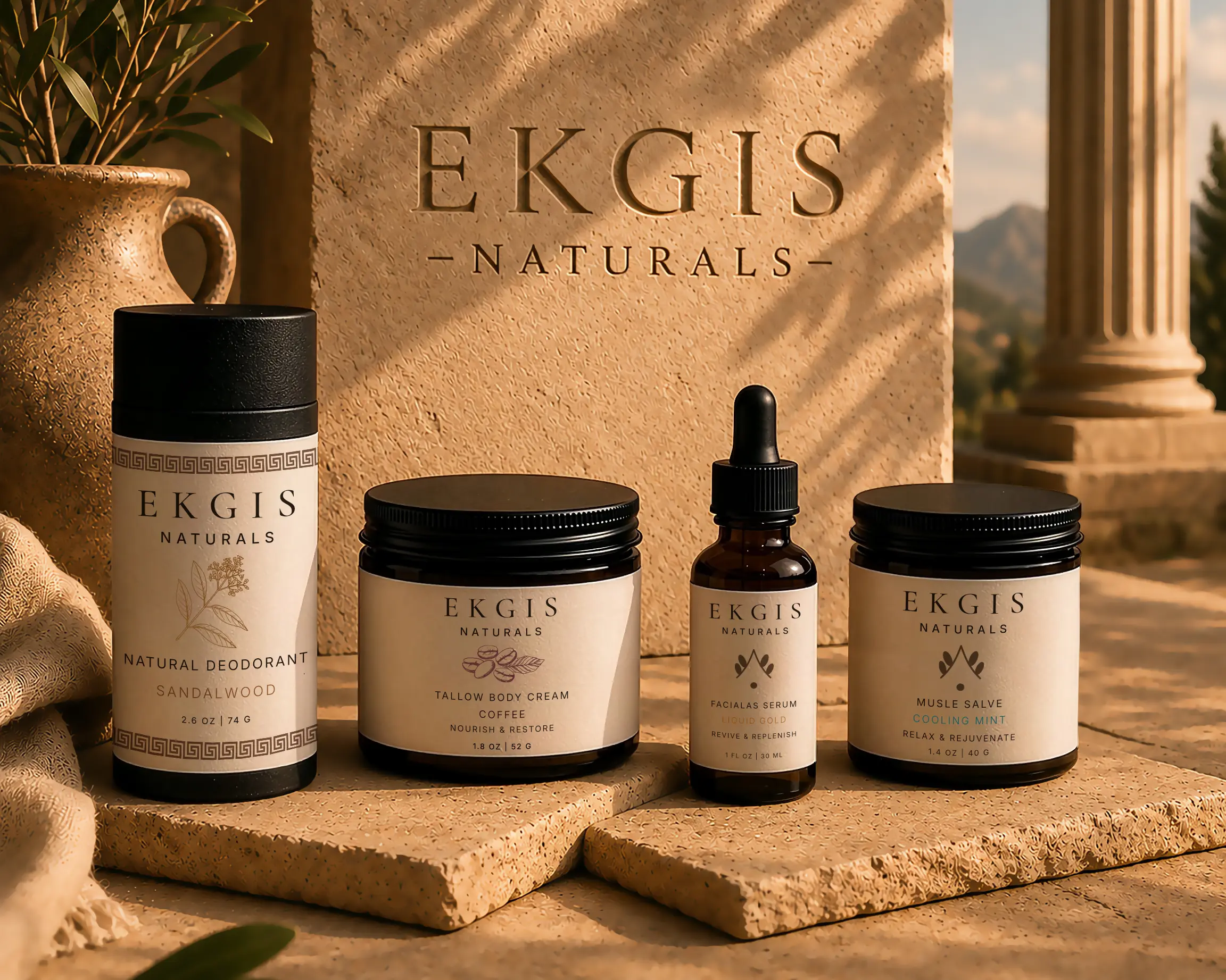 EKGIS Naturals - full product family staged against weathered stone, an apothecary still life with botanicals and a ceramic vase.