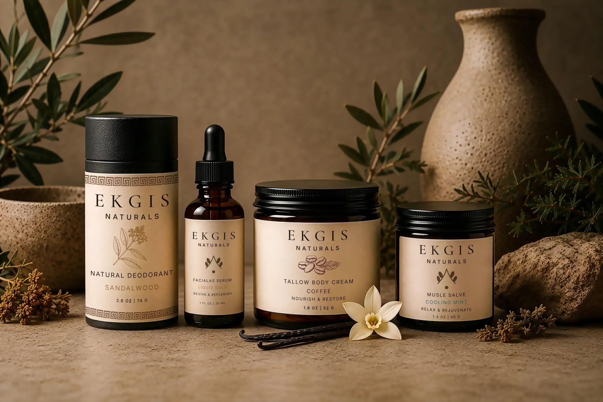 EKGIS Naturals - the full studio catalog photographed together on a warm botanical surface.