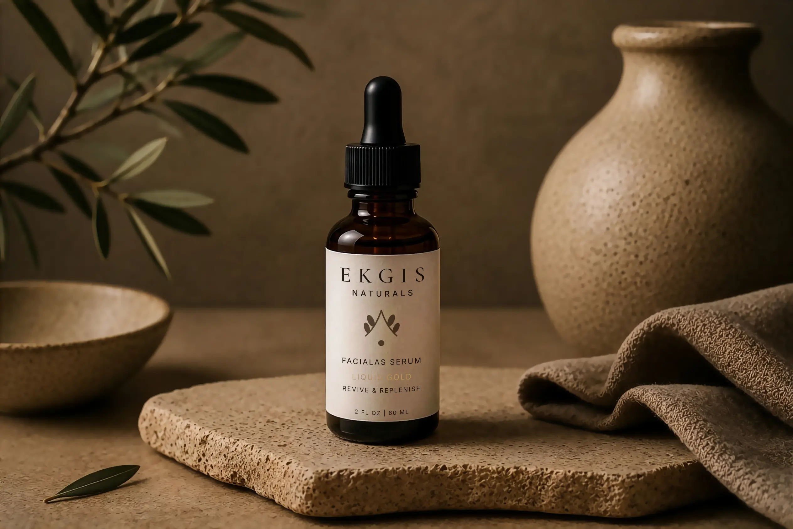 EKGIS Naturals Facial Serum styled on a stone slab with olive branches, ceramic bowl, and warm textured backdrop.