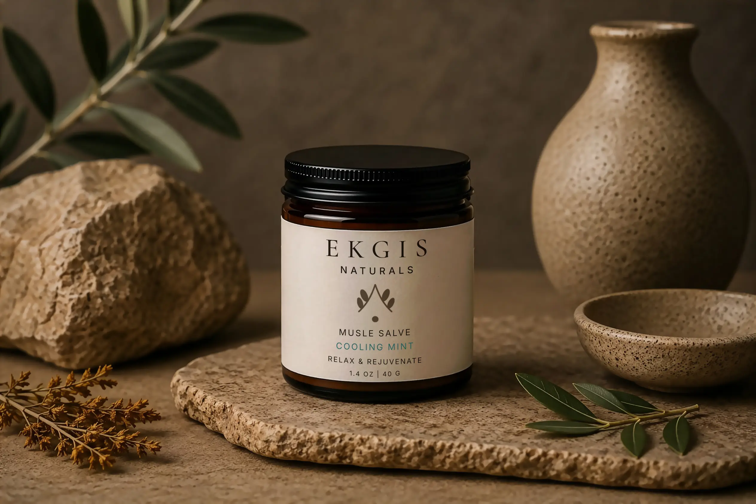 EKGIS Naturals Muscle Salve styled on a stone surface with olive branches, dried herbs, and a ceramic vase.