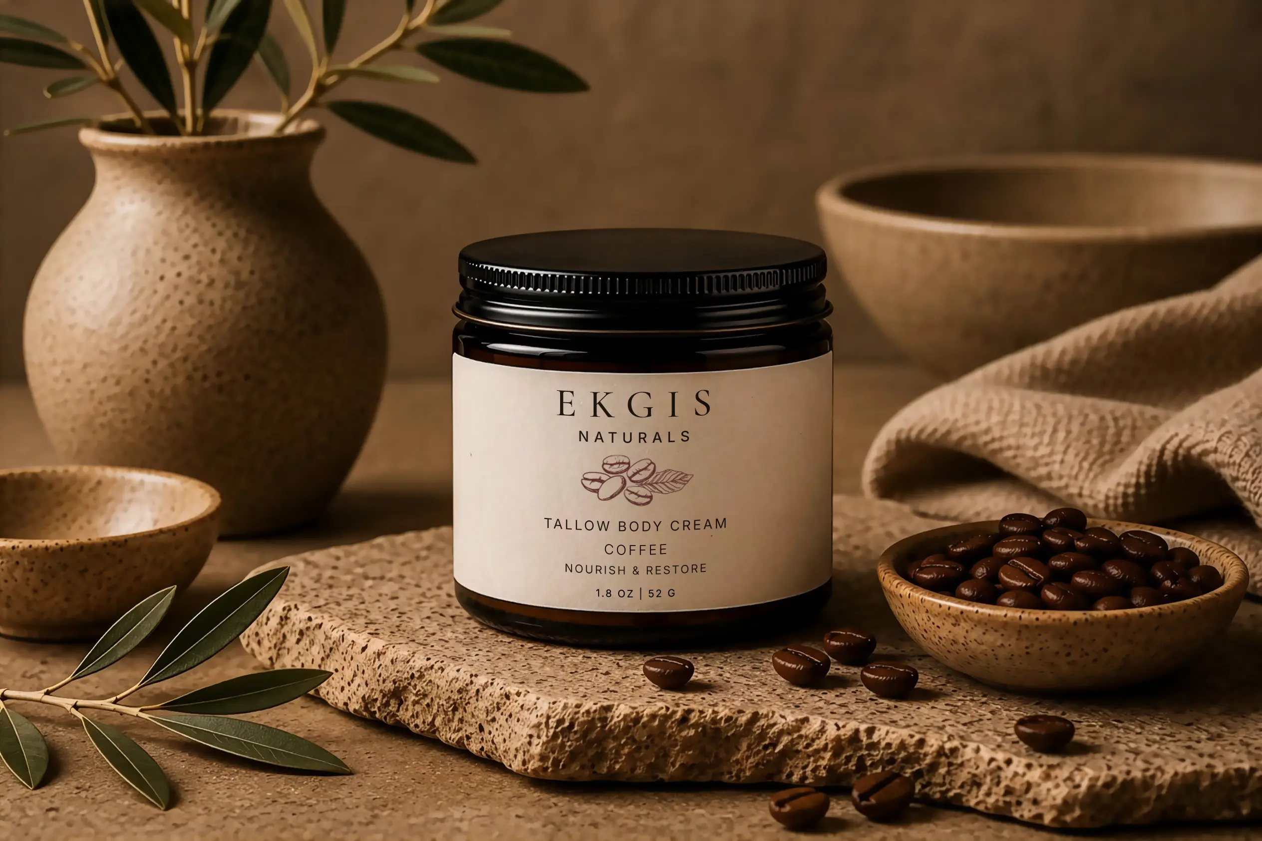 EKGIS Naturals Tallow Body Cream styled with a ceramic vase, coffee beans, and olive branches.